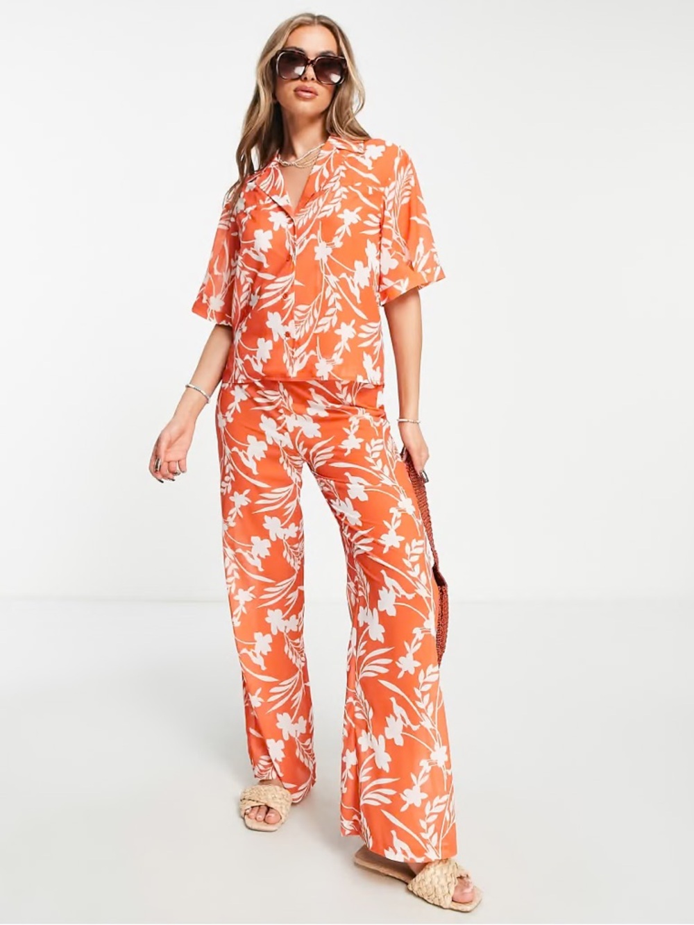 Floral Wide-Leg Beach Pants and Short Sleeve Top Set - Orange/White